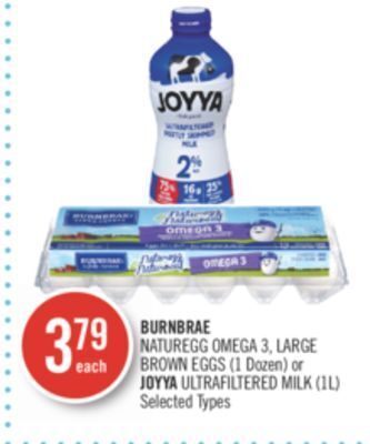 Shoppers Drug Mart Burnbrae naturegg omega 3, large brown eggs (1 dozen) or joyya ultrafiltered milk (1l) offer