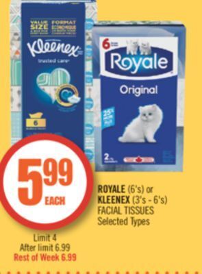 Shoppers Drug Mart Royale (6's) or kleenex (3's - 6's) facial tissues offer