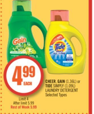Shoppers Drug Mart Cheer, gain (1.36l) or tide simply (1.09l) laundry detergent offer