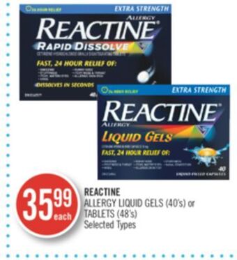 Shoppers Drug Mart Reactine allergy liquid gels (40's) or tablets (48's) offer