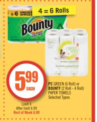 Shoppers Drug Mart Pc green (6 roll) or bounty (2 roll - 4 roll) paper towels offer