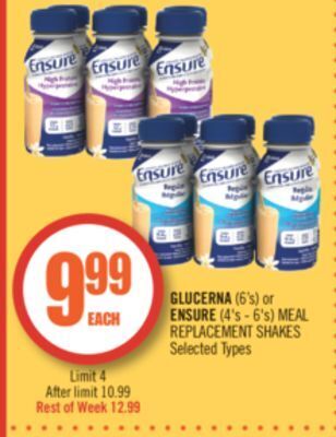 Shoppers Drug Mart Glucerna (6's) or ensure (4's - 6's) meal replacement shakes offer