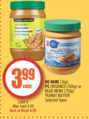 Shoppers Drug Mart No name (1kg), pc organics (500g) or blue menu (750g) peanut butter offer