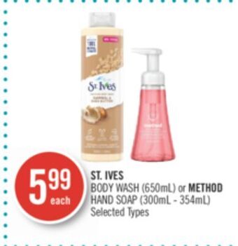 Shoppers Drug Mart St. ives body wash (650ml) or method hand soap (300ml - 354ml) offer