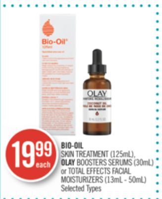 Shoppers Drug Mart Bio-oil skin treatment (125ml), olay boosters serums (30ml) or total effects facial moisturizers (13ml - 50ml) offer