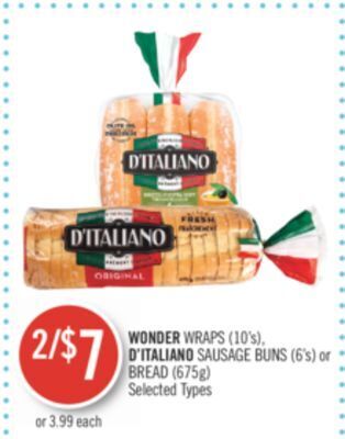 Shoppers Drug Mart Wonder wraps (10's), d'italiano sausage buns (6's) or bread (675g) offer
