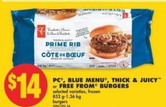 No Frills PC Blue Menu , Thick & Juicy or Free From Burgers offer