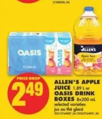 No Frills Allen's Apple Juice 1.89L or Oasis Drink Boxes 8 x 200ml offer