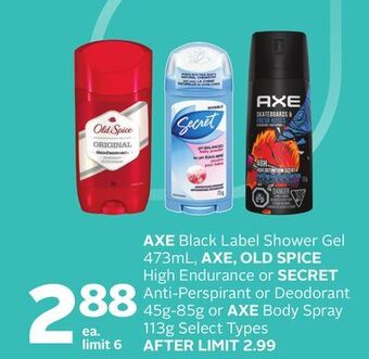 Rexall Axe black label shower gel 473ml, axe, old spice high endurance or secret anti-perspirant or deodorant 45g-85g or axe body sp offer