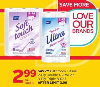 Rexall Savvy bathroom tissue 2-ply double 12-roll or 3-ply triple 8-roll offer