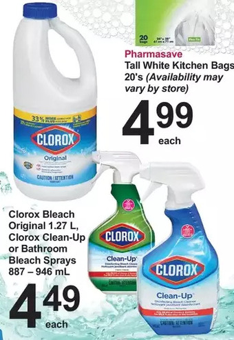 Pharmasave Clorox bleach original, clorox clean-up or bathroom bleach sprays offer