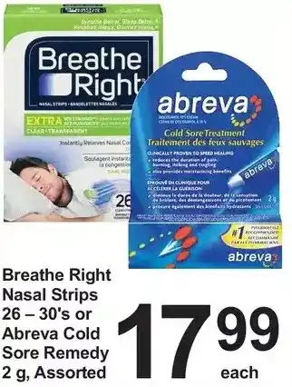 Pharmasave Breathe right nasal strips or abreva cold sore remedy offer