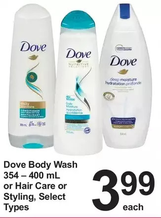 Pharmasave Dove body wash or hair care or styling offer