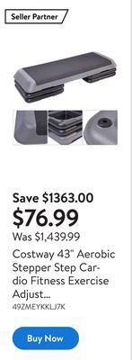 Walmart Costway 43 aerobic stepper step cardio fitness exercise adjust 4-6-8 w/ risers offer