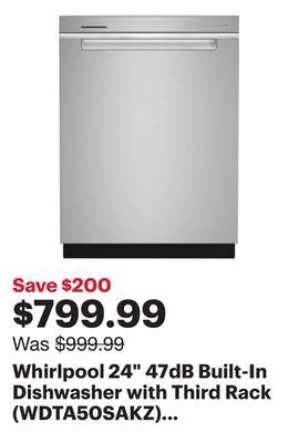 Best Buy Whirlpool 24 47db built-in dishwasher with third rack (wdta50sakz) - stainless steel offer