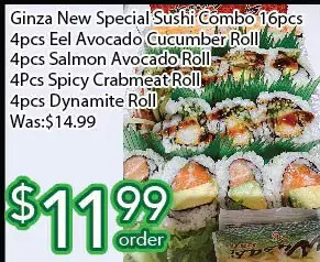 Ample Food Market Ginza new special sushi combo, eel avocado cucumber roll, salmon avocado roll, spicy crabmeat roll, dynamite roll offer