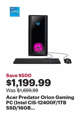 Best Buy Acer predator orion gaming pc (intel ci5-12400f/1tb ssd/16gb ram/nvidia rtx 3060/win 11) - only at best buy offer