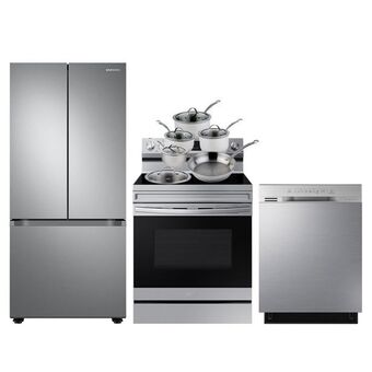 Best Buy Samsung 30 22.1 cu ft french door refrigerator electric air fry range dishwasher cookware set -stainless offer