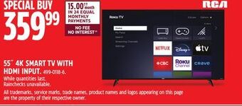 Canadian Tire Rca 55 4k smart tv with hdmi input offer