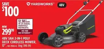 Canadian Tire Yardworks 48v 3ah 2-in-1 poly deck cordless mower, 17 offer