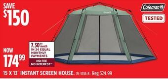 Canadian Tire Coleman 15 x 13' instant screen house offer