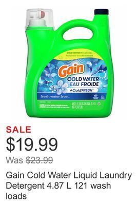 Costco Gain cold water liquid laundry detergent 4.87 l 121 wash loads offer