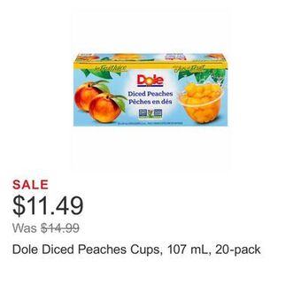 Costco Dole diced peaches cups, 107 ml, 20-pack offer