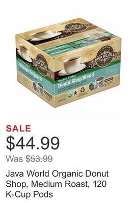 Costco Java world organic donut shop, medium roast, 120 k-cup pods offer