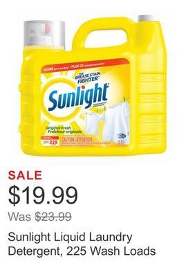 Costco Sunlight liquid laundry detergent, 225 wash loads offer