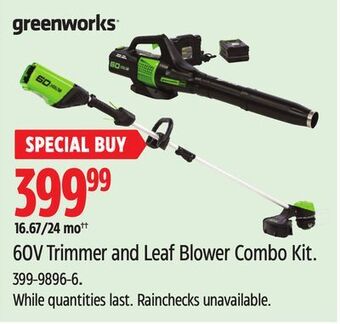 Canadian Tire Greenworks 60v trimmer and leaf blower combo kit offer