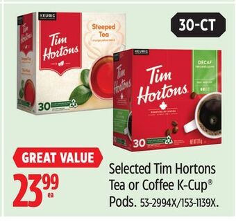Canadian Tire Tim hortons selected tim hortons tea or coffee k-cup pods offer