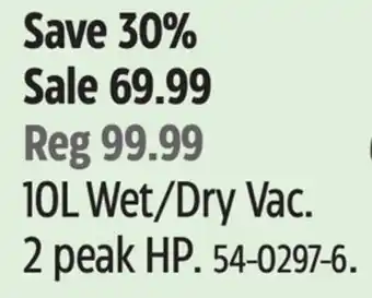 Canadian Tire Mastervac 10l wet/dry vac. 2 peak hp offer