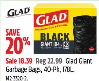 Canadian Tire Glad giant garbage bags, 40-pk, 178l offer