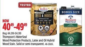 Canadian Tire Thompson's waterseal wood protection products, latex and oil hybrid wood stain offer