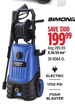 Canadian Tire Simoniz 1700 psi 1.4 gpm corded cold water wheeled brushed electric pressure washer w/ foam blaster offer