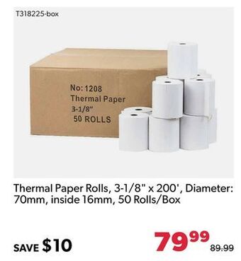 Thermal paper rolls, 3-1/8 x 200', diameter: 70mm, inside 16mm, 50 rolls/box