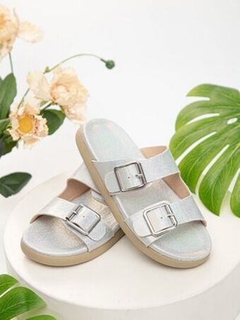 SheIn Girls buckle decor slides, funky holographic fabric slippers offer