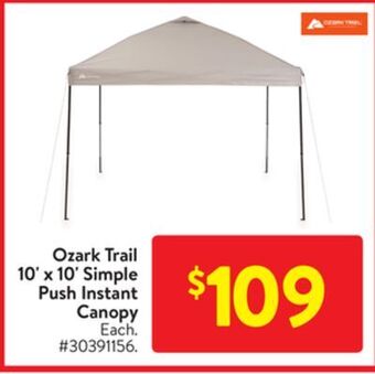 Walmart Ozark trail 10'x 10' simple push instant canopy offer