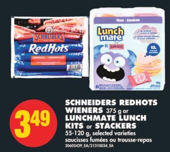 No Frills Schneiders redhots wieners 375 g or lunchmate lunch kits or stackers, 55-120 g offer
