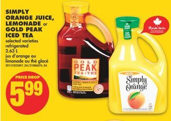 No Frills Simply orange juice, lemonade or gold peak iced tea, 2.63 l offer