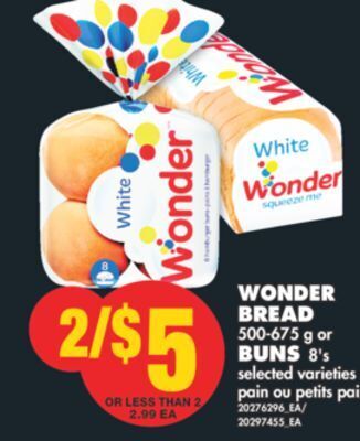 No Frills Wonder bread 500-675 g or buns 8's offer