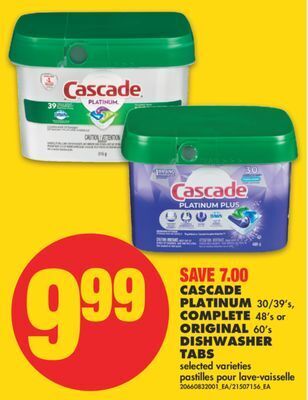 No Frills Cascade platinum 30/39's, complete 48's or original 60's dishwasher tabs offer