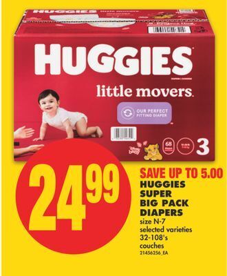 No Frills Huggies super big pack diapers, size n-7 32-108's offer