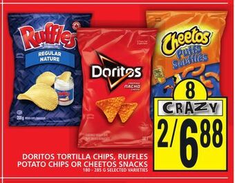 Food Basics Doritos tortilla chips, ruffles potato chips or cheetos snacks offer