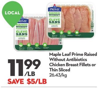 Longo's Maple leaf prime raised without antibiotics chicken breast fillets or thin sliced offer
