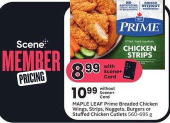 Sobeys Maple leaf prime breaded chicken wings, strips, nuggets, burgers or stuffed chicken cutlets offer