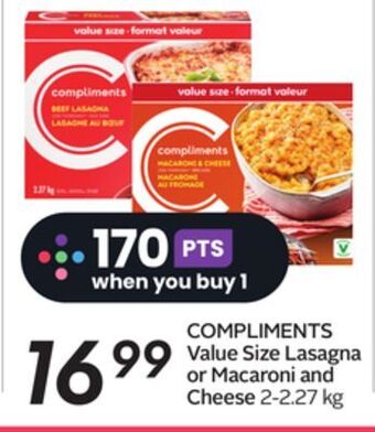 Sobeys Compliments value size lasagna or macaroni and cheese offer