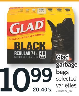 Fortinos Glad garbage bags, 20-40's offer