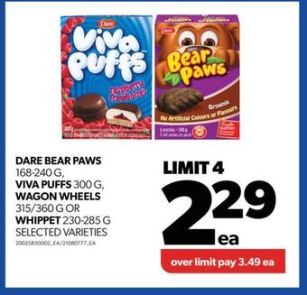 Real Canadian Superstore Dare bear paws, 168-240 g, viva puffs 300 g, wagon wheels, 315/360 g or whippet, 230-285 g offer