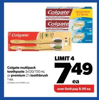 Real Canadian Superstore Colgate multipack toothpaste, 3x120/150 ml or premium, 2's toothbrush, 1 ea. offer